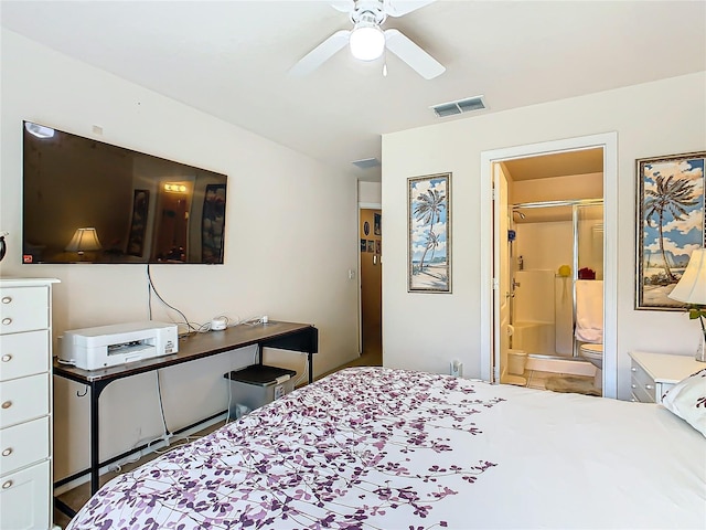 bedroom with connected bathroom and ceiling fan