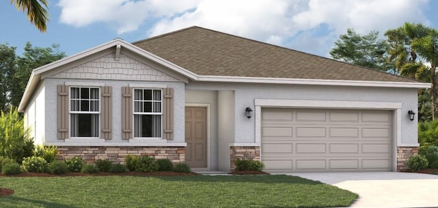 view of front of home with a garage and a front lawn