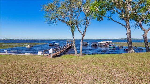 dock area featuring a water view and a lawn