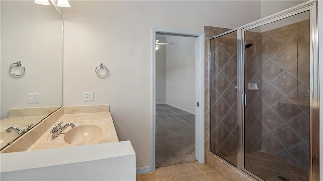 bathroom featuring vanity, an enclosed shower, tile patterned floors, and ceiling fan