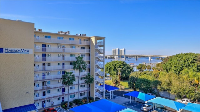 view of building exterior featuring a water view