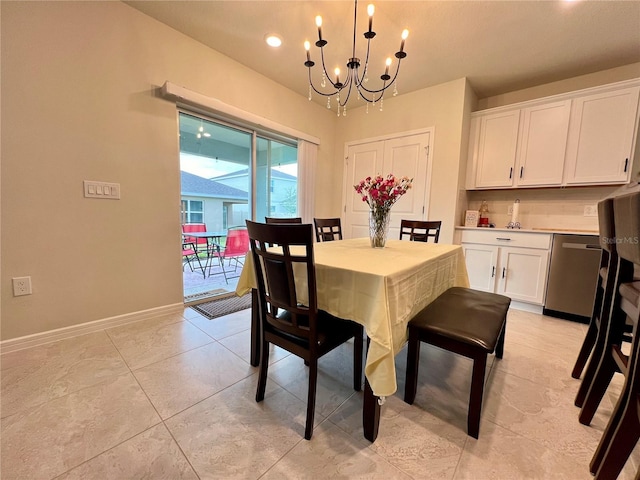 dining space with light tile patterned floors and a notable chandelier