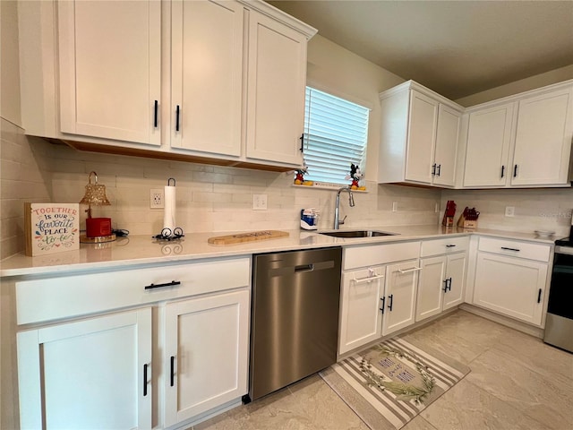 kitchen with light tile patterned floors, decorative backsplash, dishwasher, white cabinets, and sink