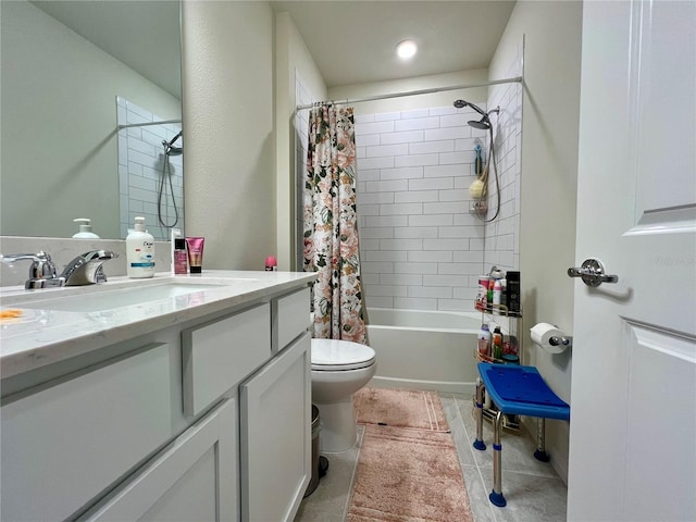 bathroom featuring toilet, tile patterned floors, shower / bath combo with shower curtain, and vanity