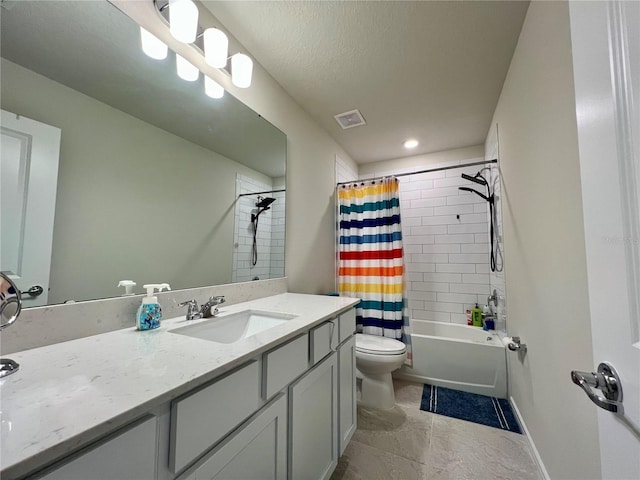 full bathroom with visible vents, shower / bathtub combination with curtain, toilet, vanity, and baseboards