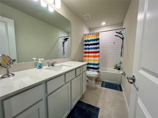 bathroom featuring toilet, visible vents, baseboards, vanity, and shower / bathtub combination with curtain