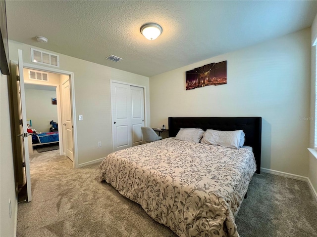 bedroom with baseboards, visible vents, and light colored carpet