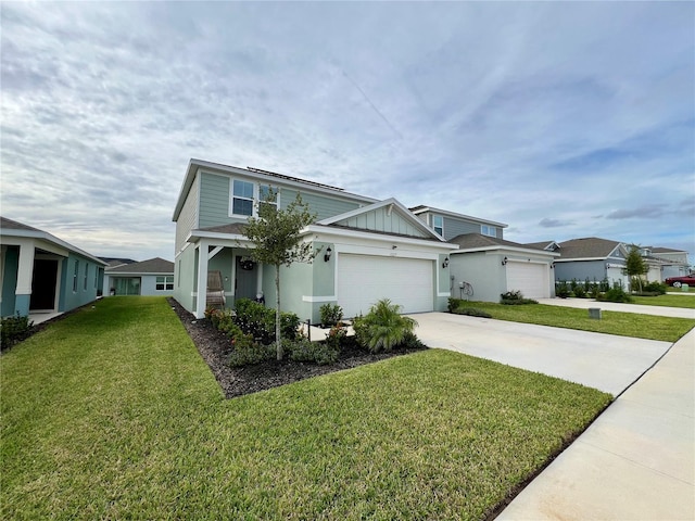 view of front facade with a garage, driveway, a front lawn, and board and batten siding