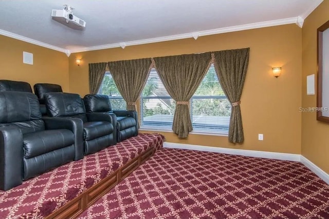 carpeted cinema room with ornamental molding