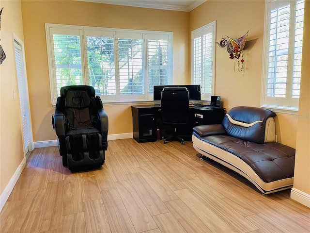 office area featuring crown molding and light wood-type flooring