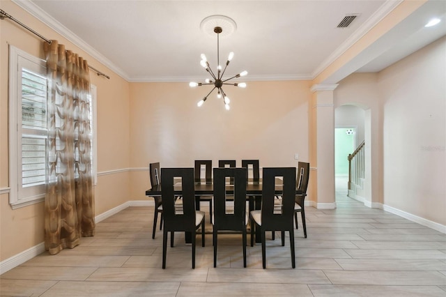 dining space featuring arched walkways, wood finish floors, crown molding, visible vents, and an inviting chandelier