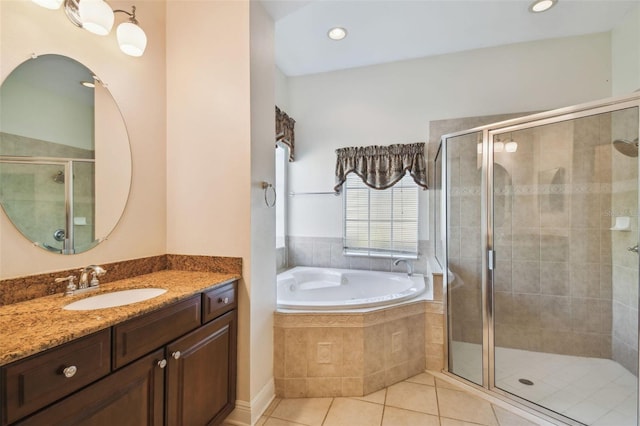 full bath with a garden tub, recessed lighting, vanity, tile patterned floors, and a stall shower