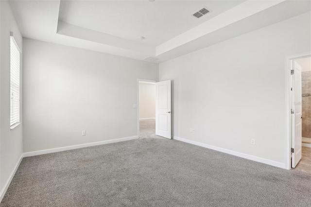 carpeted empty room with a raised ceiling