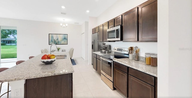 kitchen with a kitchen island with sink, stainless steel appliances, sink, a breakfast bar, and decorative light fixtures