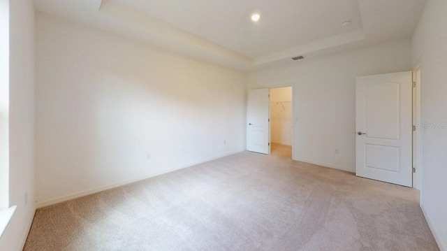 empty room featuring light carpet and a tray ceiling