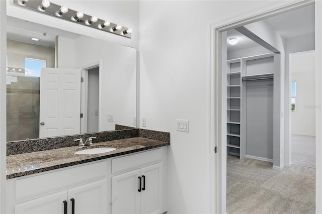 bathroom featuring vanity and a shower with door