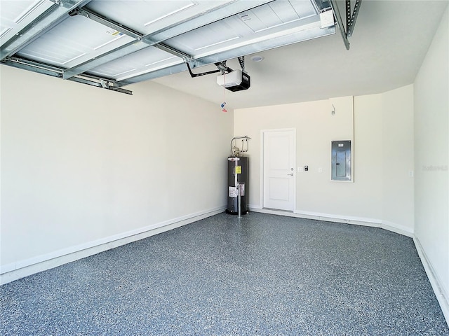 garage featuring a garage door opener, water heater, and electric panel