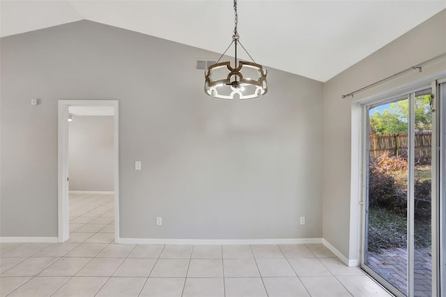 tiled spare room with an inviting chandelier and lofted ceiling