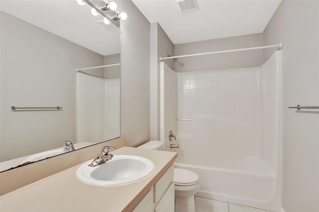 full bathroom with toilet, shower / tub combination, vanity, and tile patterned floors