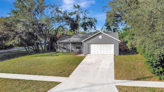 single story home with a front yard and a garage