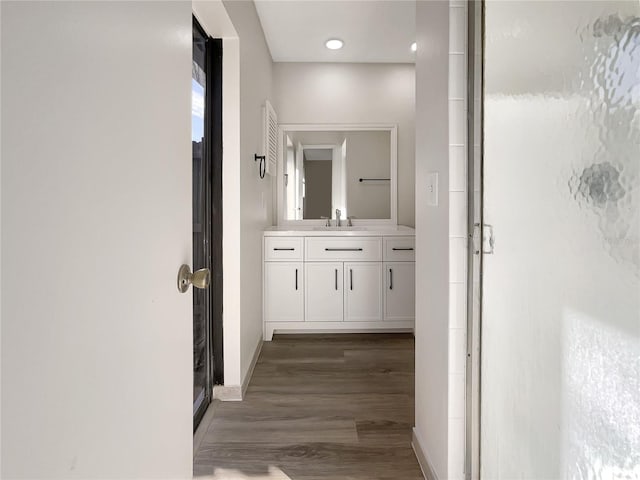 hallway with dark wood-type flooring and sink