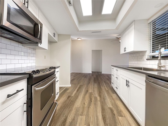 kitchen featuring decorative backsplash, hardwood / wood-style floors, a raised ceiling, white cabinetry, and stainless steel appliances