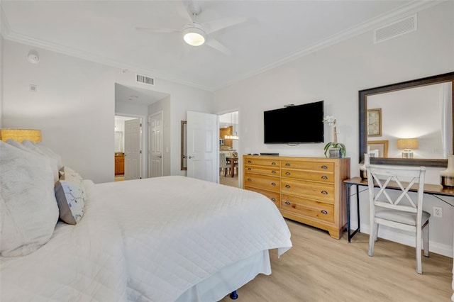 bedroom with light hardwood / wood-style floors, ornamental molding, and ceiling fan