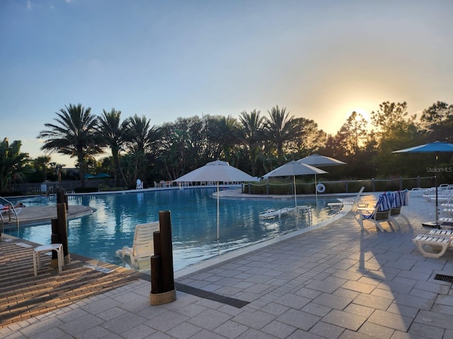 pool at dusk featuring a patio area