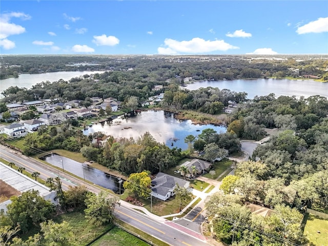 bird's eye view featuring a water view and a forest view