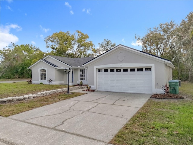 ranch-style home featuring a garage, a front lawn, concrete driveway, and stucco siding