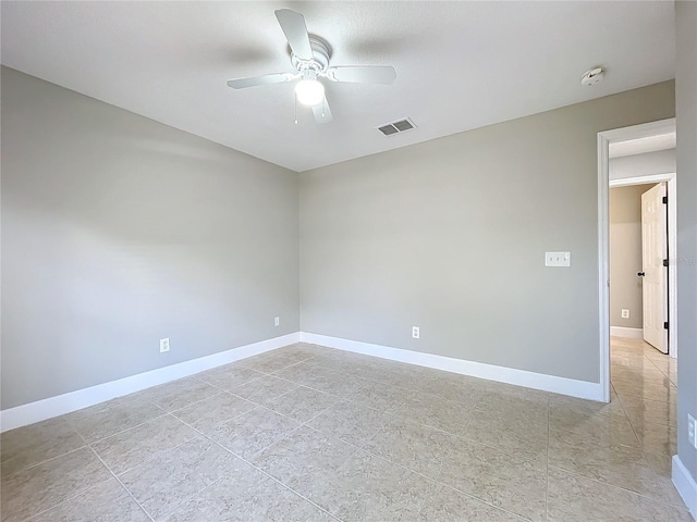 unfurnished room with ceiling fan, visible vents, and baseboards