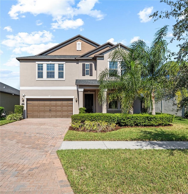 traditional home featuring an attached garage, decorative driveway, and stucco siding