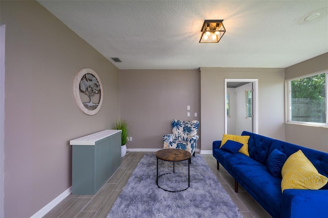 living room featuring a textured ceiling