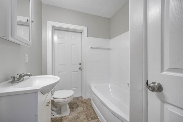 full bathroom with shower / bathing tub combination, a textured ceiling, toilet, vanity, and tile patterned flooring