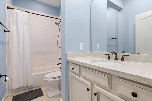 full bathroom featuring tile patterned floors, vanity, shower / tub combo, and toilet