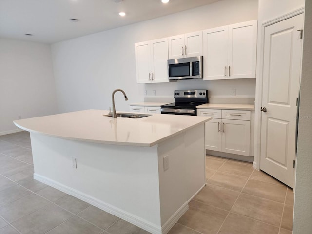 kitchen featuring sink, a kitchen island with sink, stainless steel appliances, and white cabinetry