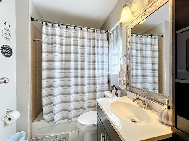 full bathroom featuring vanity, toilet, shower / tub combo, and tile patterned flooring