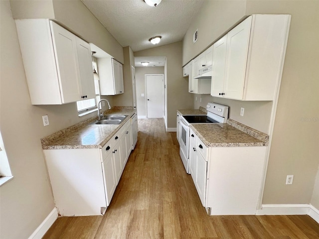 kitchen featuring extractor fan, sink, white electric stove, white cabinetry, and a textured ceiling