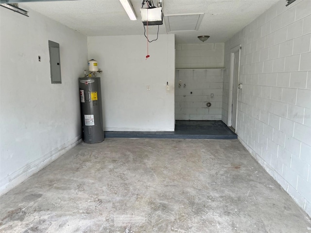 garage featuring a garage door opener, electric water heater, and electric panel