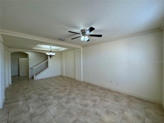 empty room featuring crown molding and ceiling fan with notable chandelier