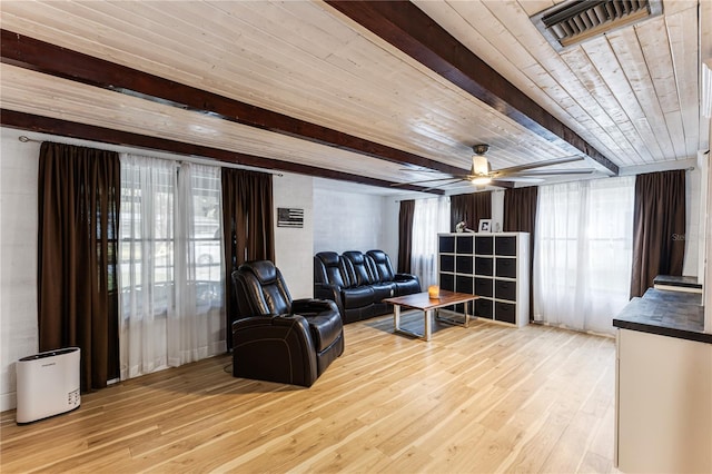 living area with beamed ceiling, wood ceiling, light wood-type flooring, and ceiling fan