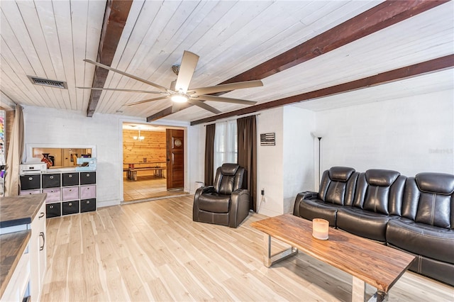 living room with wooden walls, wood ceiling, light hardwood / wood-style floors, and ceiling fan