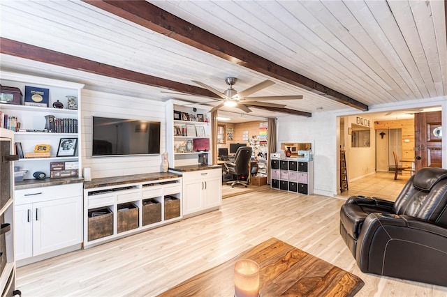 living room with light hardwood / wood-style flooring, beamed ceiling, wooden ceiling, and ceiling fan