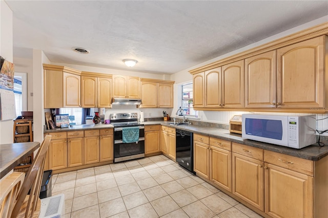 kitchen featuring stainless steel electric range, light tile patterned floors, light brown cabinetry, dishwasher, and sink