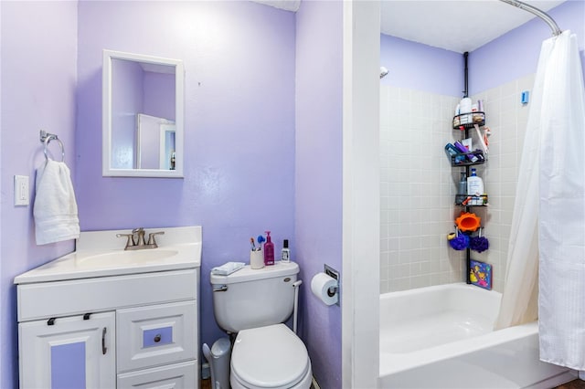 full bathroom featuring toilet, shower / bathtub combination with curtain, and vanity