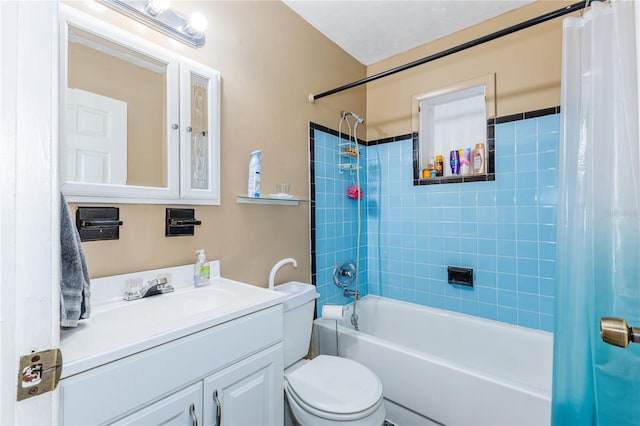 full bathroom with vanity, toilet, and shower / bathtub combination with curtain