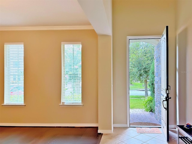 foyer with crown molding, a wealth of natural light, and light hardwood / wood-style flooring