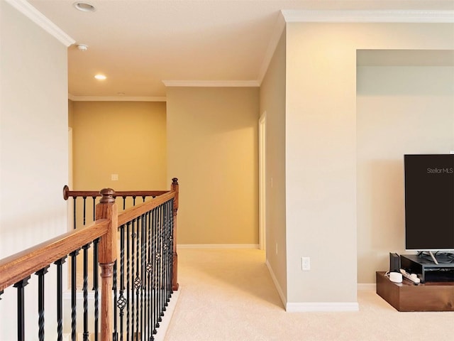 corridor with crown molding and carpet floors