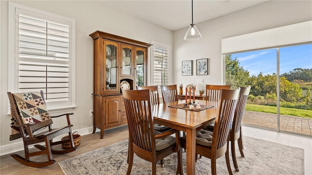 dining room featuring baseboards, light wood-type flooring, and plenty of natural light