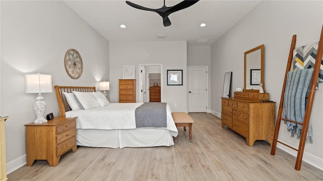 bedroom featuring light hardwood / wood-style flooring and ceiling fan